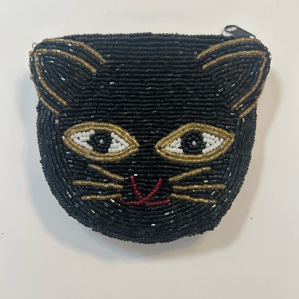 Vintage Black and Gold Beaded Cat Coin Purse